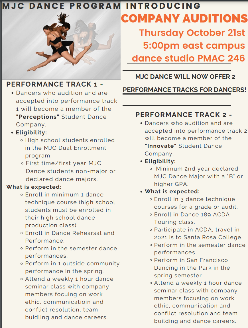 Company Dance Auditions October 21st at 5pm, east campus PAC 246
