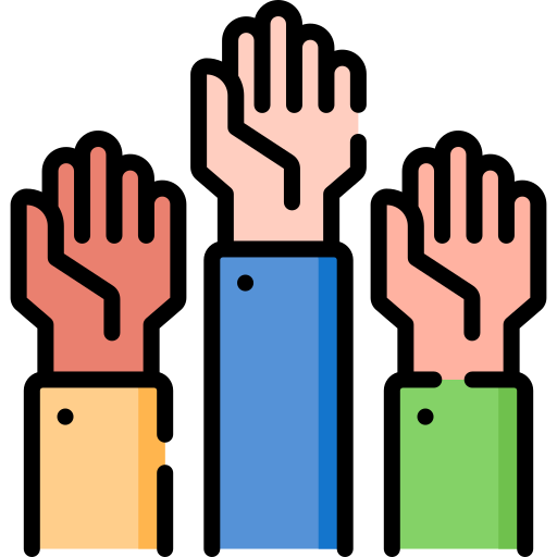 Cartoon image of several hands being raised