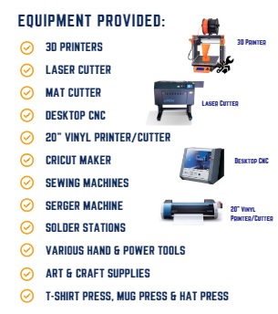 innovation center equipment list including 3d printer, laser cutter and vinyl cutter