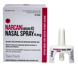 Photo of Narcan Nasal Spray 4mg box and nasal spray device.