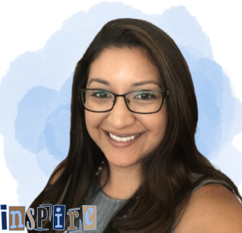 Gisele Flores photo of her smiling with black glasses with a blue circular graphic behind and the word inspire in front left bottom.